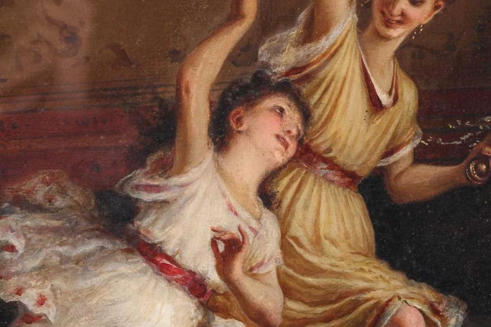Scena di famiglia in un interno, due bambini che ballano davanti alla madre - dettaglio 1